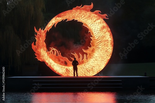 A person stands before a giant illuminated dragon circle