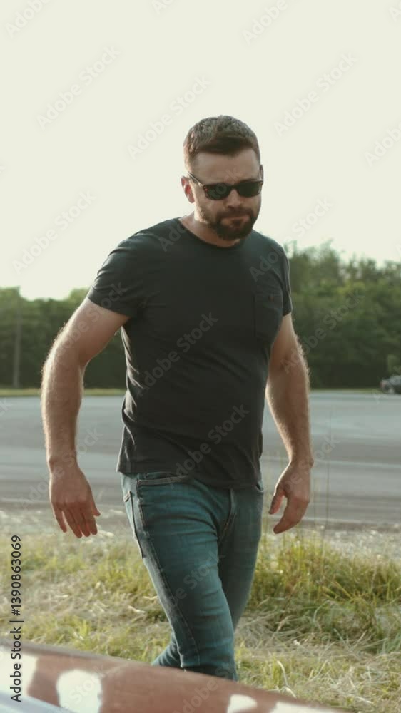 A confident man is exiting a stylish car in a vibrant urban setting during a beautiful sunset A confident man is exiting a stylish car in a vibrant urban setting during a beautiful sunset