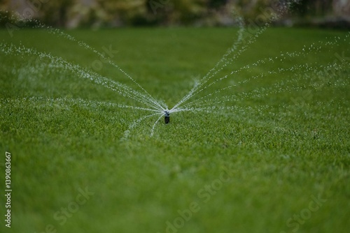 A lawn sprinkler system efficiently disperses water over a lush, green lawn, promoting healthy growth and vibrant grass.