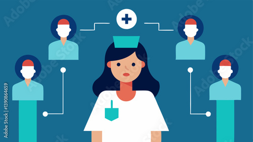 Excessive Workload A nurse in a hospital overwhelmed with patient charts and a long line of patients waiting depicting the strain of inadequate staffing and excessive duties.
