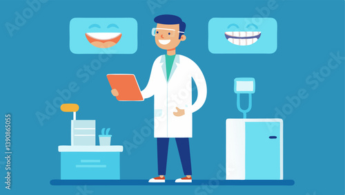 Odontologist in Action A forensic odontologist is standing beside a dental chair analyzing a set of teeth impressions while checking against digital dental records on a tablet.