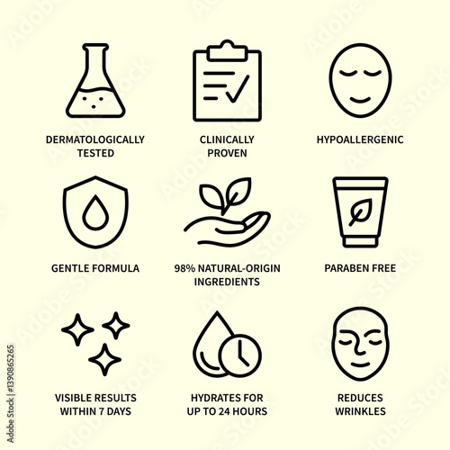 Organic cosmetic line icon big set. Natural product badges. Hypoallergenic, safe for children, clean cosmetic, non toxic. GMO free emblems. Vegan, bio food. Vector illustration.