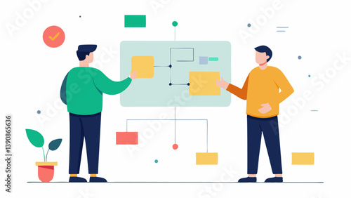 Collaborative Coding Two developers working together in front of a whiteboard filled with diagrams and flowcharts related to fintech solutions and algorithms.