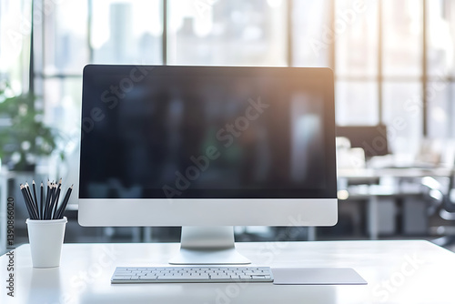 White computer desk with an iMac and office space background, blurred business people in the blurry glass windows behind the table. Business concept for web banner design.