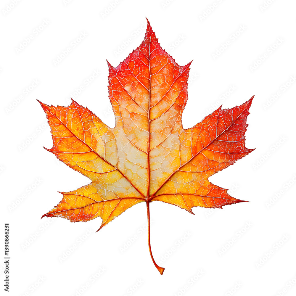 Fototapeta premium Vibrant autumn maple leaf with gradient colors and detailed veins for a hyper-realistic fall foliage composition on a white background