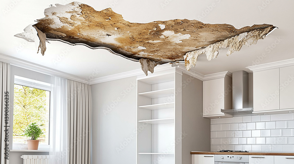 Stained white ceiling with visible water damage, peeling paint, and brown water marks, symbolizing neglect, urgency, and the need for modern restoration and home repair solutions.
