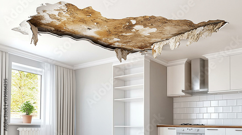 Obraz na płótnie Stained white ceiling with visible water damage, peeling paint, and brown water marks, symbolizing neglect, urgency, and the need for modern restoration and home repair solutions.
w salonie