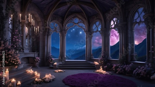 fantasy-themed scene with a grand staircase leading up to an ornate balcony
