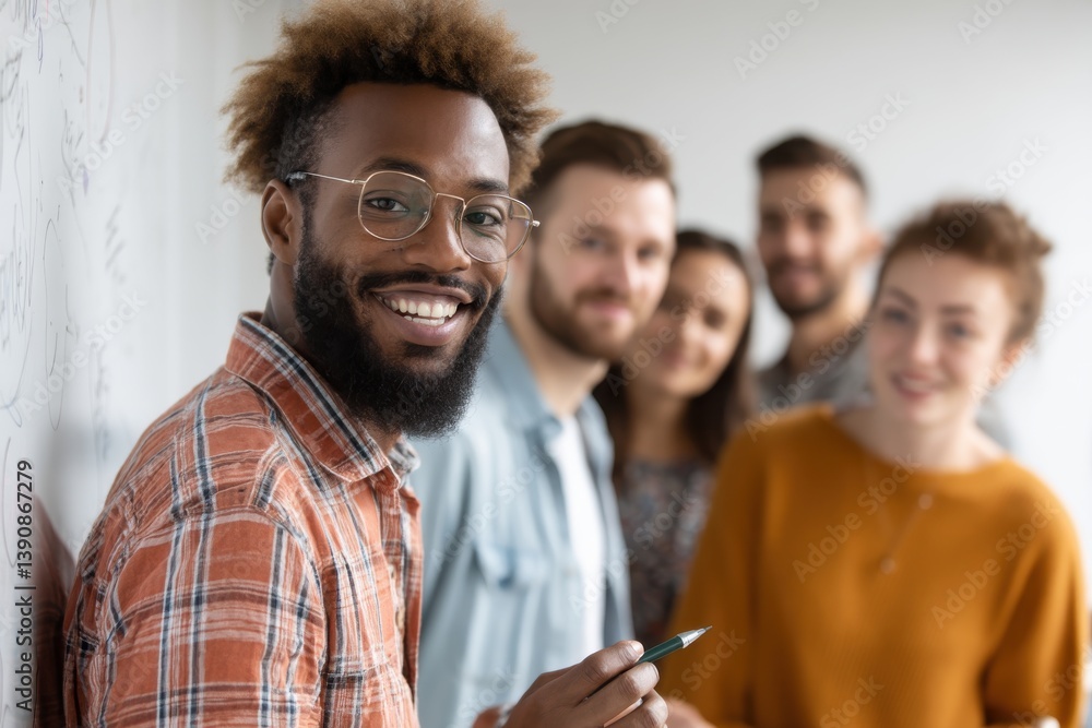 Obraz premium A happy African American man with glasses smiles in front of his colleagues, fostering a positive and collaborative team atmosphere in a modern office setting