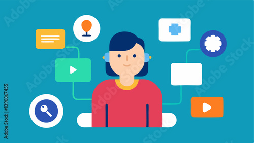 Accessibility Features An illustration showing a designer working on incorporating accessibility options into a voice interface with icons representing different user needs.