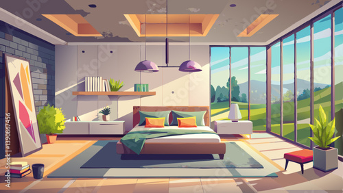 Spacious bedroom with minimal furniture, concrete wall accents, and floor-to-ceiling windows