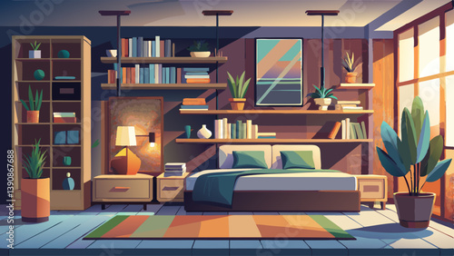 Modern minimalist bedroom with built-in shelves, earthy textures, and soft ambient lighting.