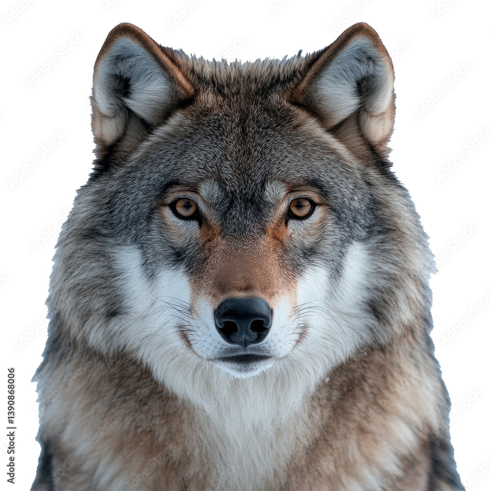 Fototapeta premium Stunning wolf face shot captured in a moment of tranquility on white background Generative AI