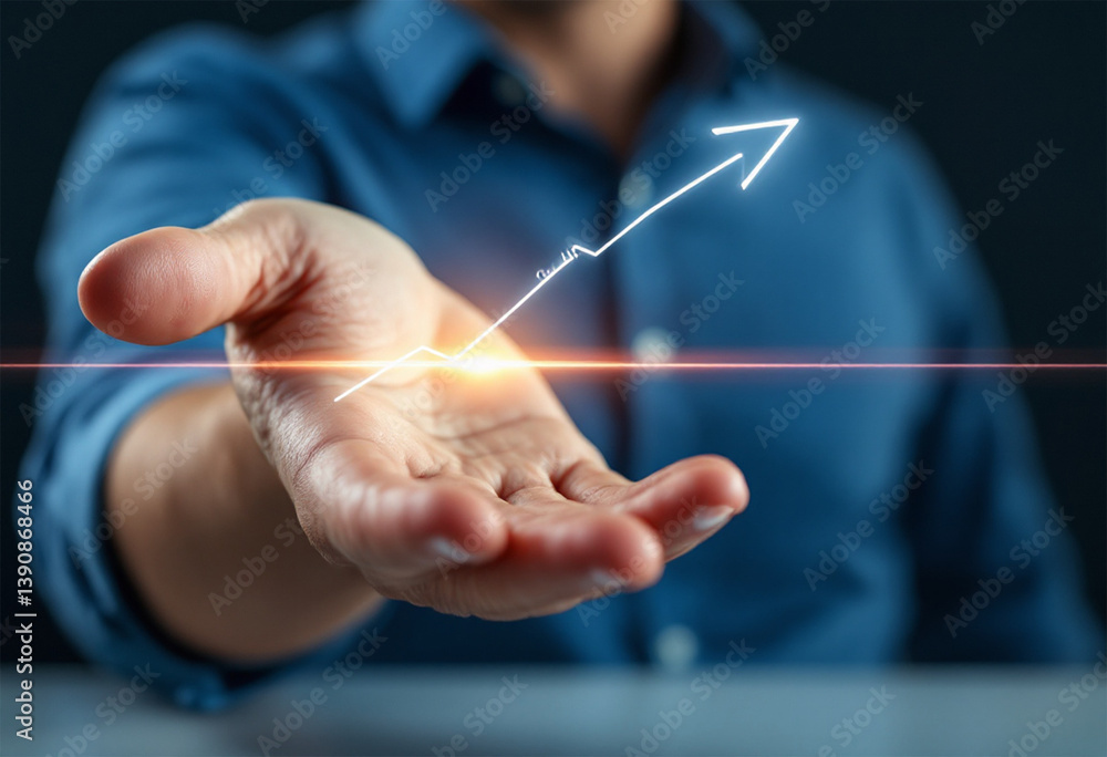A close-up shot features a person holding their hand out, with digital graphics overlaid to illustrate a concept related to quality and cost A close-up shot features a person holding their hand out, with digital graphics overlaid to illustrate a concept related to quality and cost