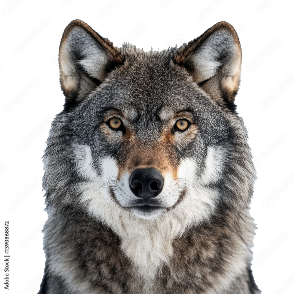 Obraz premium Wolf face shot against clean, white background showcasing detailed fur and piercing gaze Generative AI