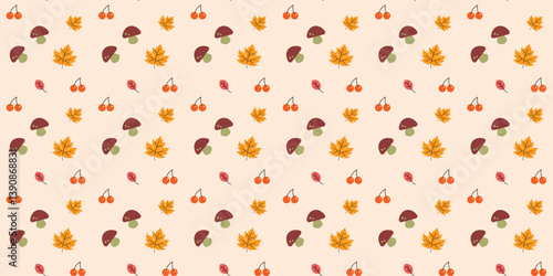 playful scatter seamless pattern with mushrooms, cherries and leaves