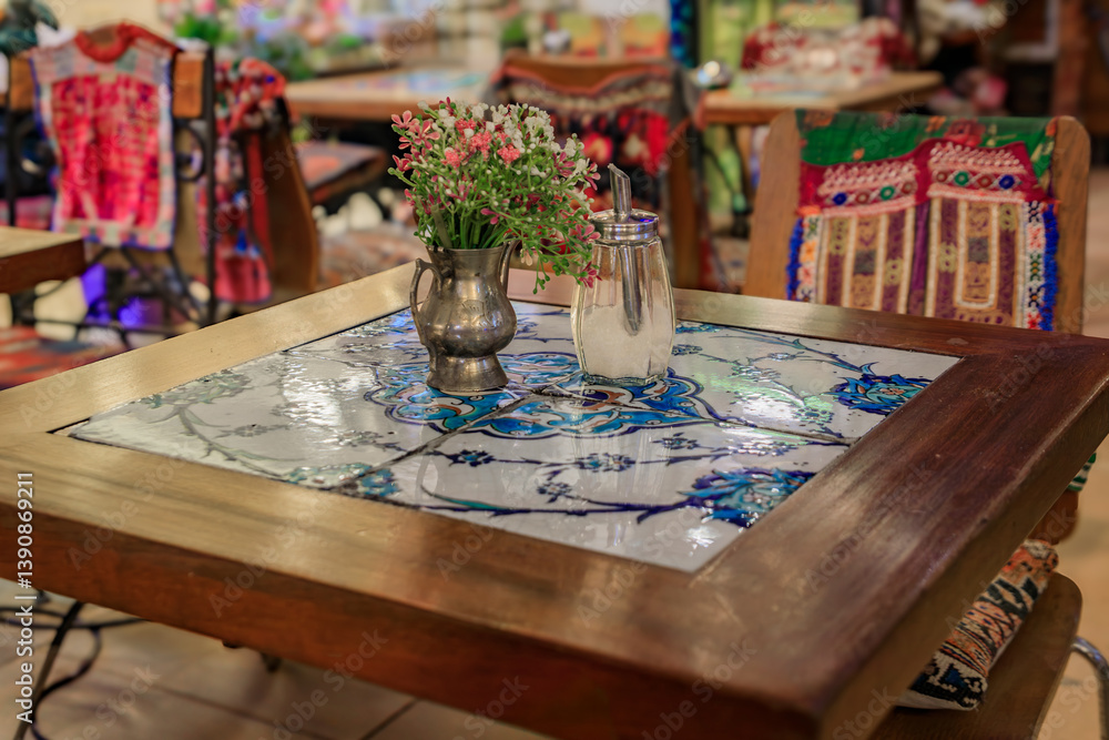 Mosaic tiled restaurant table with flowers at Grand Bazaar in Istanbul, Turkey