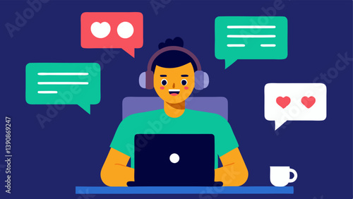 Community Interaction A gamer reading comments from their viewers during a live stream with speech bubbles showing positive feedback and suggestions.