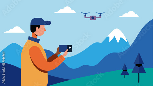 Aerial Photography Operator A silhouette of an operator in a field holding a remote control while watching a drone capture images of a scenic landscape with mountains in the