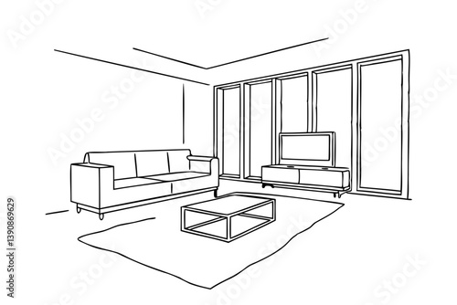  one line drawing of Interior design with modern living room, vector illustration 