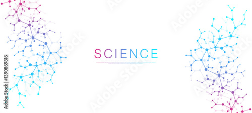 Molecular abstract structure and genetic engineering DNA. Healthcare and medicine background concept. Scientific research background. Wave flow. Innovation pattern. Vector illustration.