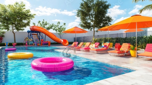 Colorful Poolside Scene with Slides, Sun Loungers, and Floating Floats on a Bright Sunny Day