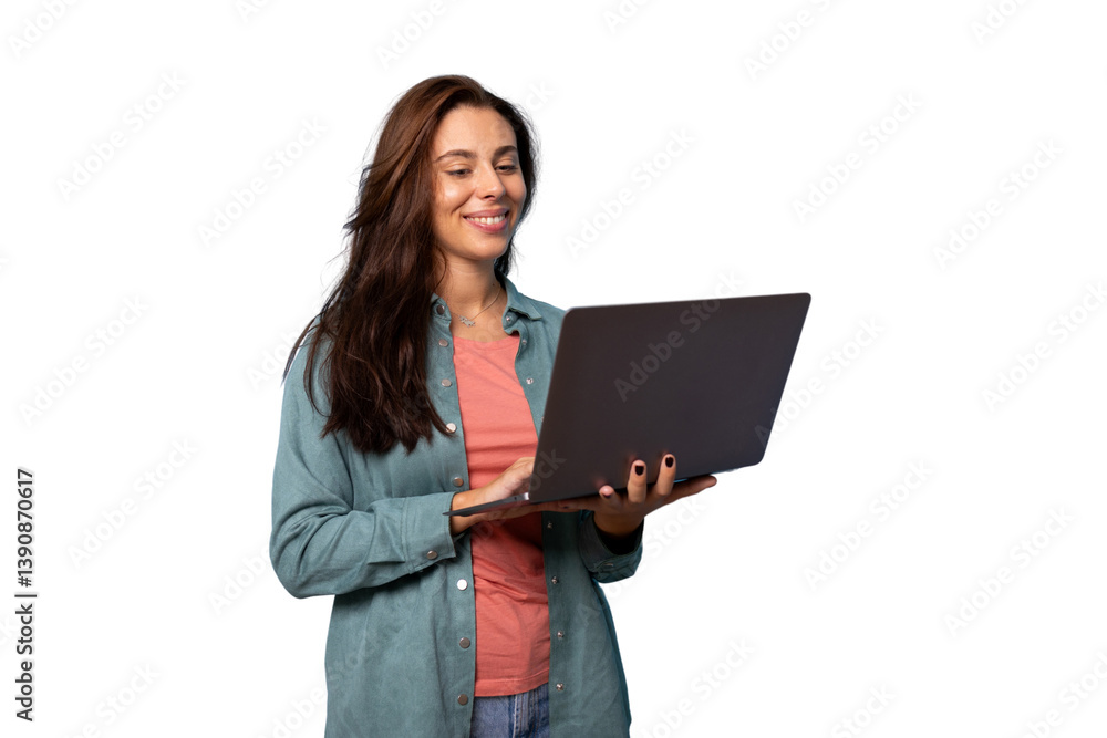 Female professional working on laptop, transparent backdrop Female professional working on laptop, transparent backdrop