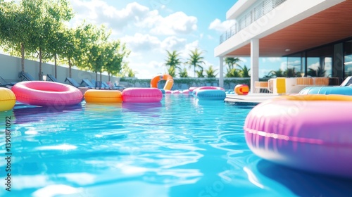 Colorful Pool Floats in a Luxurious Swimming Pool Under Bright Summer Sky