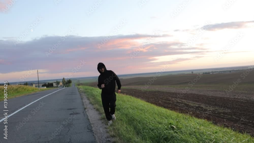 man in black hoodie suit walking along road along field in summer dance man in black hoodie suit walking along road along field in summer dance