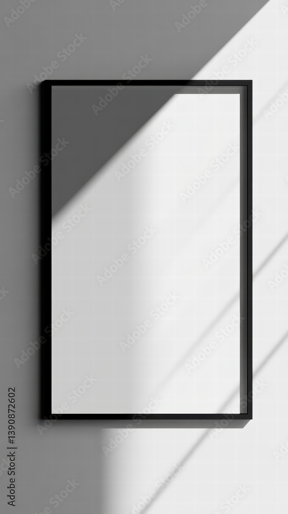Blank Canvas of Design: A minimalist black frame, mounted on a stark white wall, catches the play of natural light, presenting a perfect space for design and artistic expression. Blank Canvas of Design: A minimalist black frame, mounted on a stark white wall, catches the play of natural light, presenting a perfect space for design and artistic expression.