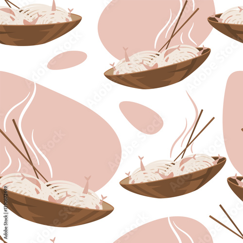 Noodle with shrimps vector seamless pattern. Big hot bowl, chopsticks icons. Asian cuisine concept. Cartoon food art. Funny culinary print. Graphic background for menu, food delivery branding design