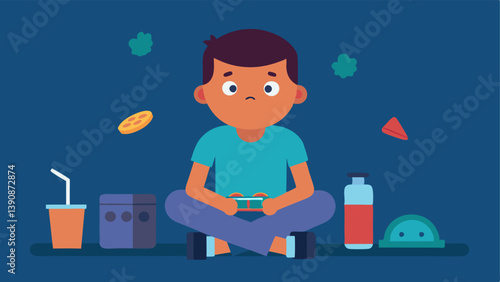 Exercise Neglect A child is seen indoors playing video games surrounded by junk food while a neglected bicycle and sports equipment gather dust in the background.