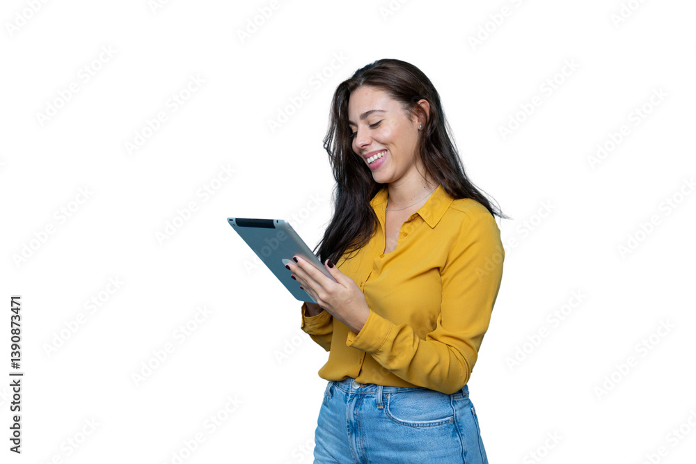 Smiling professional woman working on tablet with transparent backdrop Smiling professional woman working on tablet with transparent backdrop