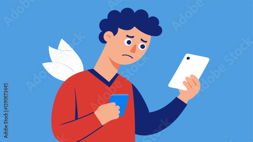 Checking Bank Statements A worried individual reviewing their bank statements on a smartphone with expressions of concern over recent spending habits.