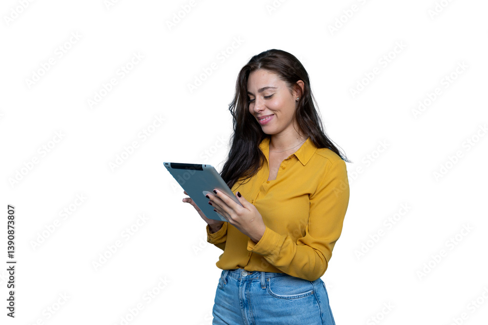 Young woman with long brown hair and yellow shirt using digital tablet with a transparent background Young woman with long brown hair and yellow shirt using digital tablet with a transparent background