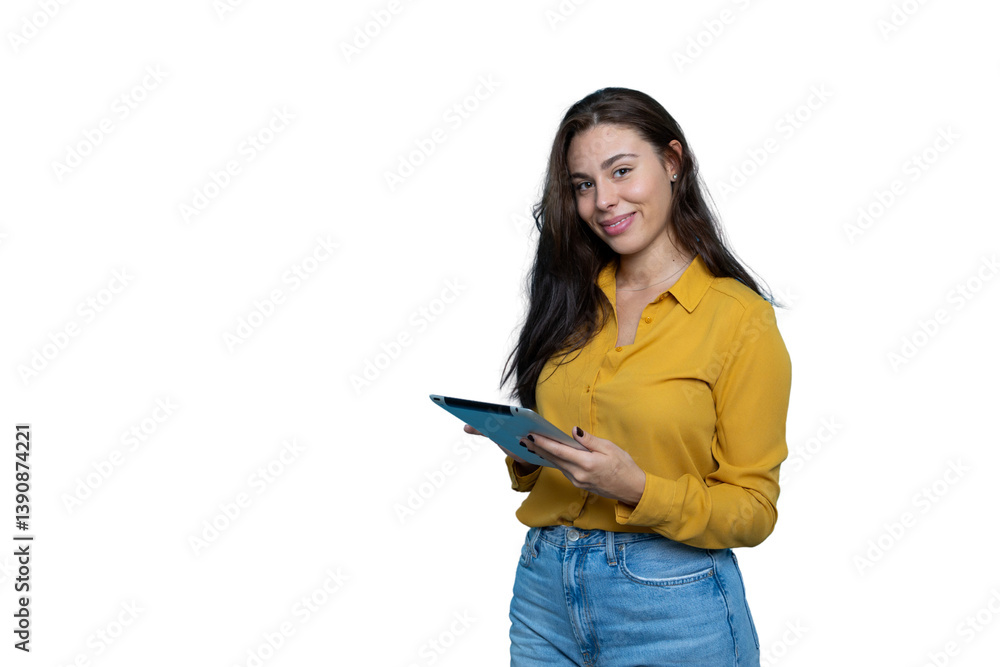 Businesswoman with long brown hair and yellow shirt holding tablet, smiling, on transparent background Businesswoman with long brown hair and yellow shirt holding tablet, smiling, on transparent background
