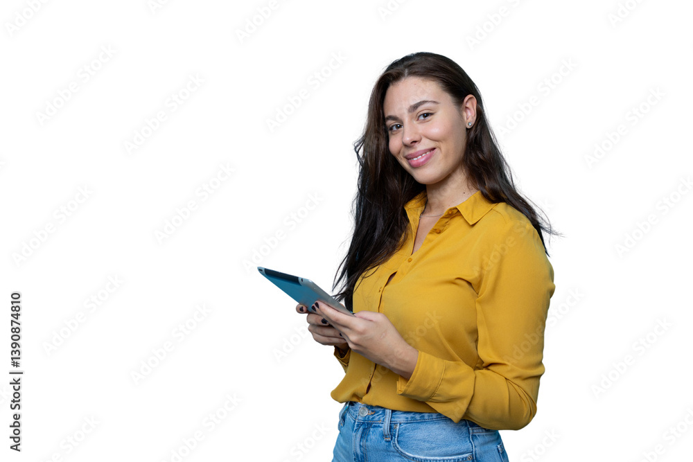 Professional businesswoman working on digital tablet, smiling confidently Professional businesswoman working on digital tablet, smiling confidently