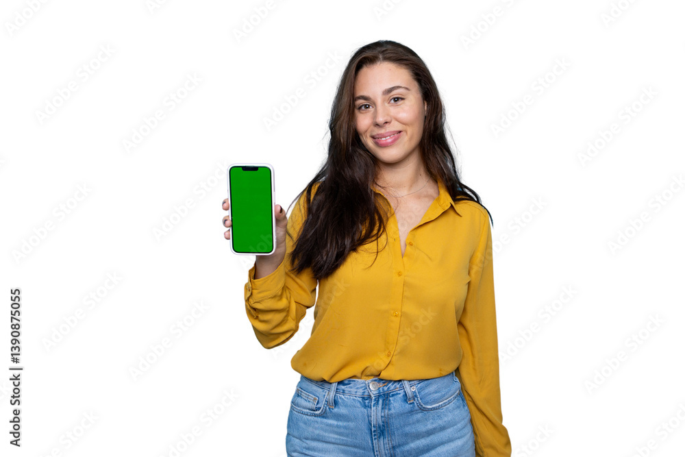 Young woman is showing a smartphone with a green screen, perfect for mockups, on a transparent background Young woman is showing a smartphone with a green screen, perfect for mockups, on a transparent background