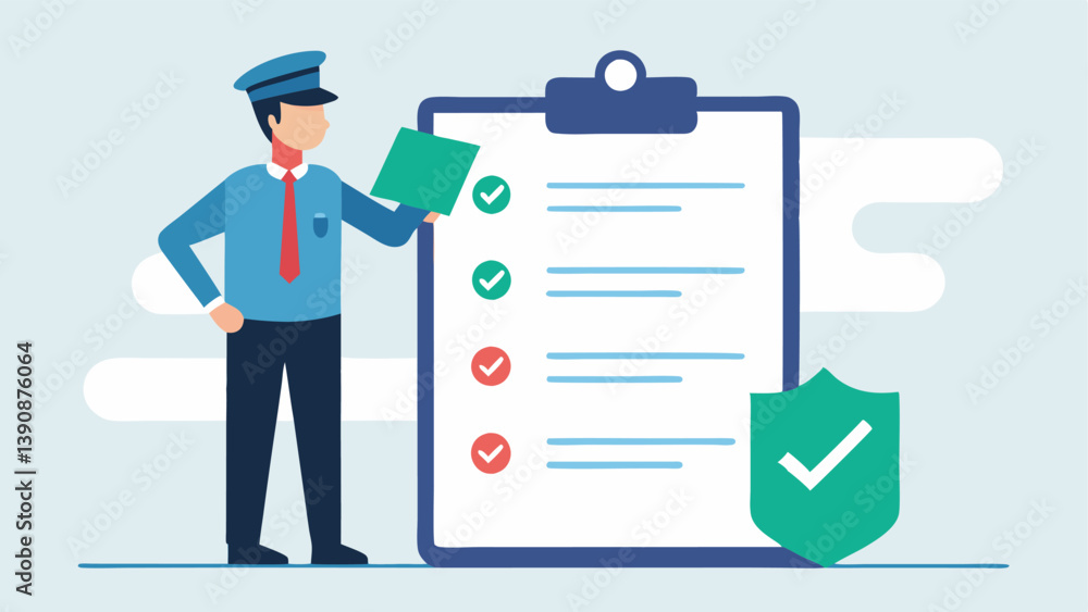 Compliance Checklist An Officer checking off items on a large compliance checklist with tick marks visible next to categories like KYC AML and Data Privacy. Compliance Checklist An Officer checking off items on a large compliance checklist with tick marks visible next to categories like KYC AML and Data Privacy.