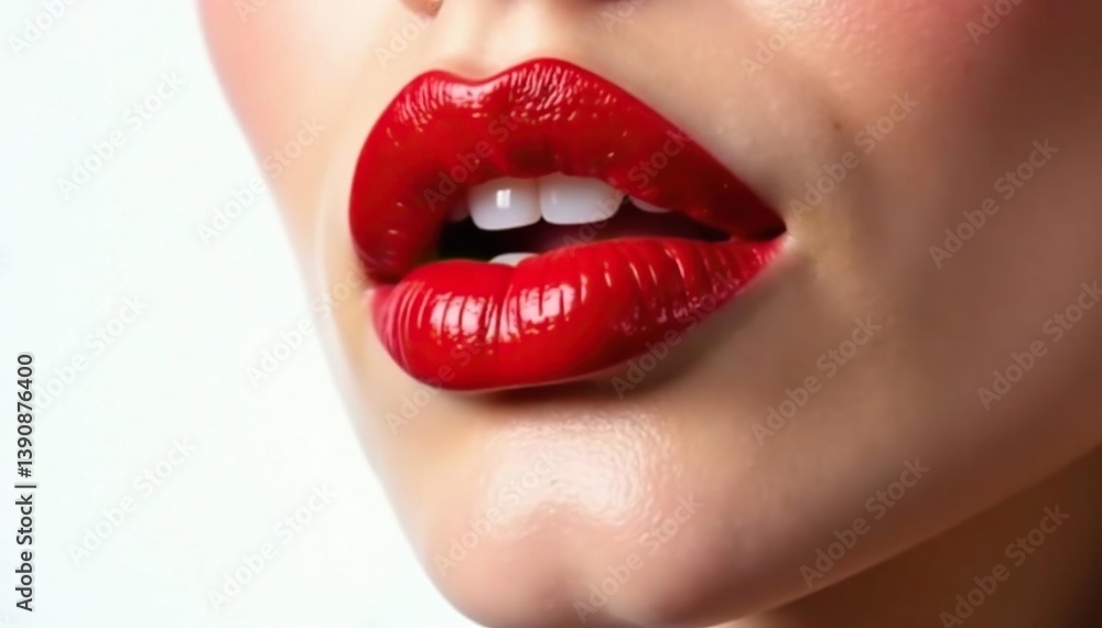 Obraz premium Close-up vibrant red lips, pristine white backdrop, lipstick, perfect, isolated