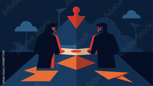 Mysterious Meeting Two shadowy figures huddled around a table with a large map spread out with arrows indicating escape routes.