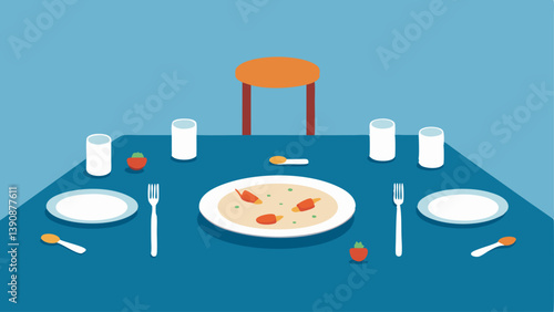 Empty Plates A dining table with empty plates and untouched food indicating missed meals and the neglect of personal life due to work.