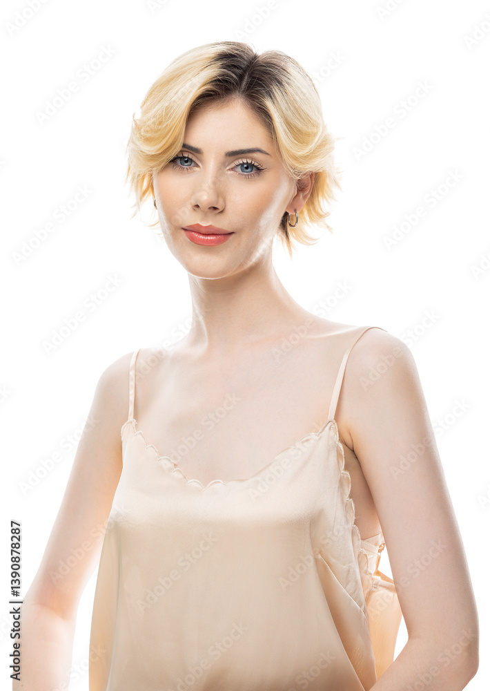 A young blonde girl with clear skin in a satin top. Beauty portrait of a woman on a white background in the studio.