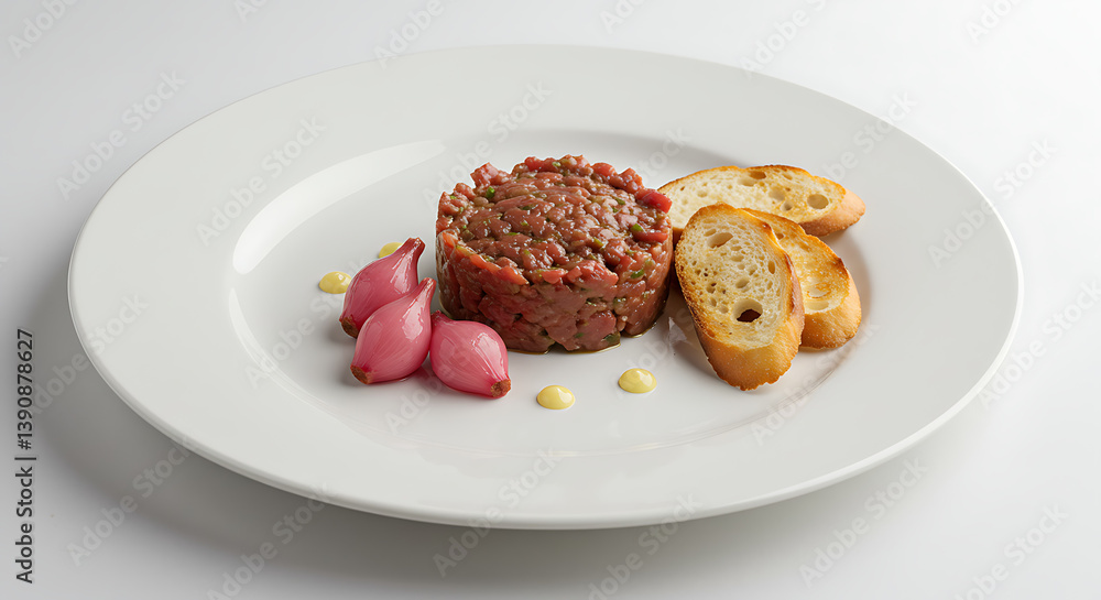 Steak tartare with pickled shallots and toasted baguette slices, elegantly plated for a gourmet dining experience. Bon appétit! Steak tartare with pickled shallots and toasted baguette slices, elegantly plated for a gourmet dining experience. Bon appétit!