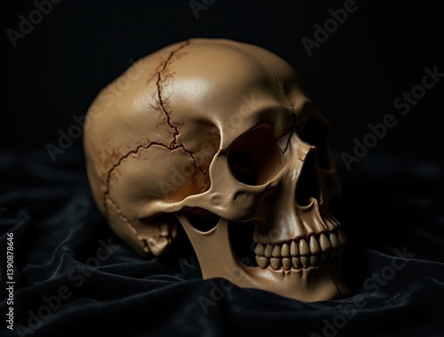 Plakat a detailed human skull on a black velvet background
