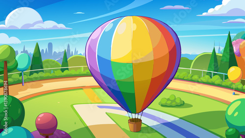 Colorful hot air balloon soaring above a vibrant park landscape  