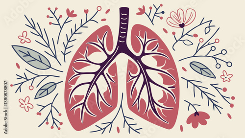 Artistic lungs surrounded by floral elements and leaves  