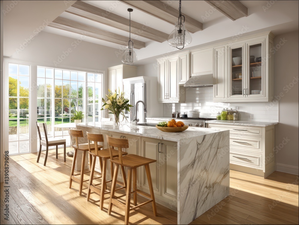 Fototapeta premium A bright kitchen featuring a farmhouse sink, white cabinets, and light wood floors