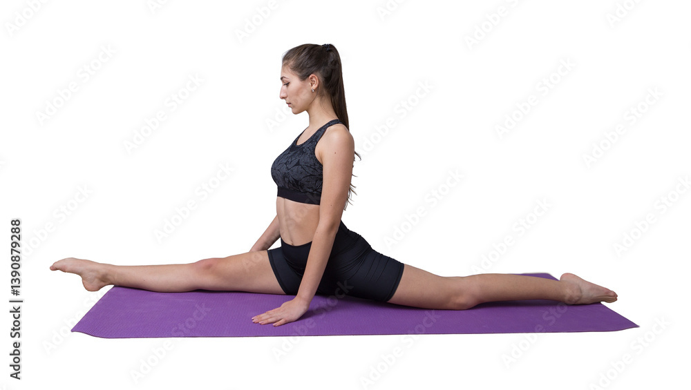 Young woman practicing yoga doing stretching exercises at home during quarantine. Minimalistic empty interior, concrete wall. Young woman practicing yoga doing stretching exercises at home during quarantine. Minimalistic empty interior, concrete wall.