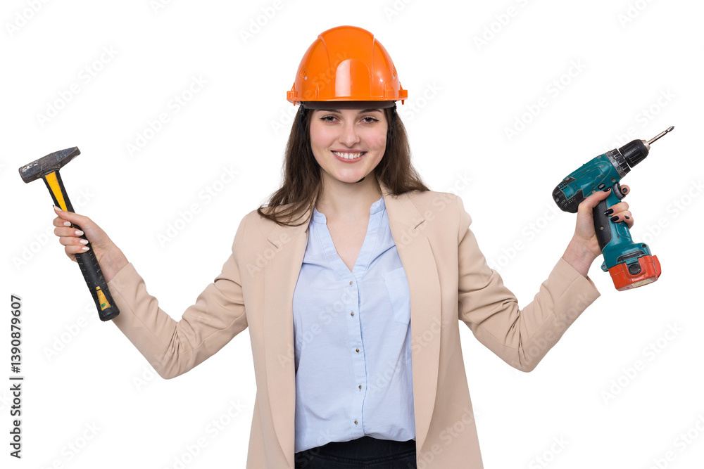 Girl engineer in an orange construction helmet with a screwdriver and a hammer on a white background. Girl engineer in an orange construction helmet with a screwdriver and a hammer on a white background.